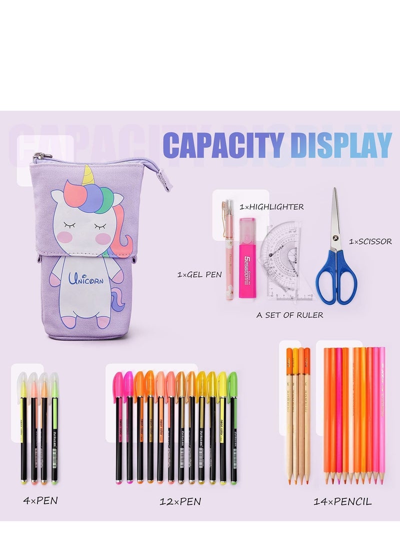 Cute Cartoon Stand up Pencil & Pen Case Box Pouch, Portable Art School Office Cosmetic Bag, Large Lightweight Canvas Holder for Kids Students Adults Girls Boys Gifts, Purple