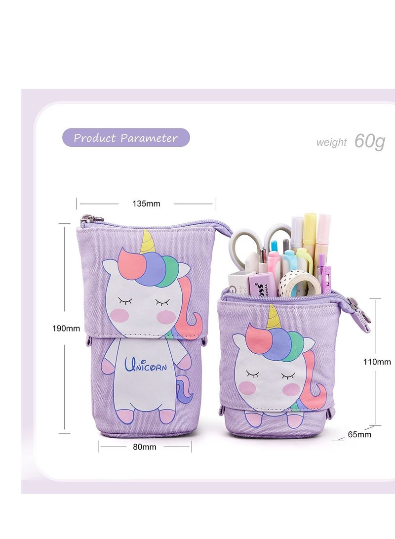 Cute Cartoon Stand up Pencil & Pen Case Box Pouch, Portable Art School Office Cosmetic Bag, Large Lightweight Canvas Holder for Kids Students Adults Girls Boys Gifts, Purple