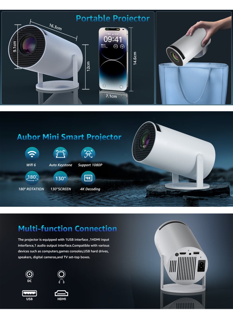 Mini Projector 4K 1080P Support Portable Projector WiFi6 BT 5.0 Android 12 Smart Projector Auto Horizontal Correction 180°Rotatable Outdoor Movie Projector Compatible with Phone