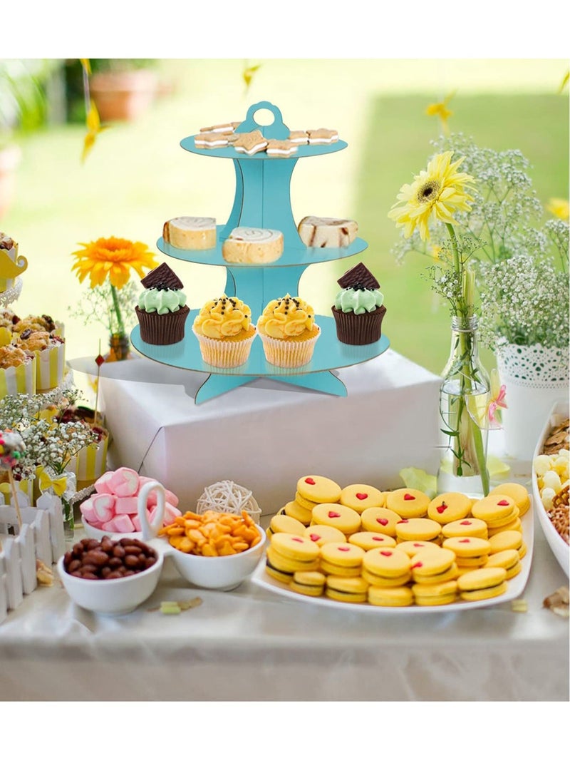 Cupcake Stand, 2 Pack 3-Tier Round Cardboard Dessert Plates Cake Fruit Base Holder Candy Display Tower Tray Pastry Serving Platter for Birthday, Wedding, Afternoon Tea(Blue)