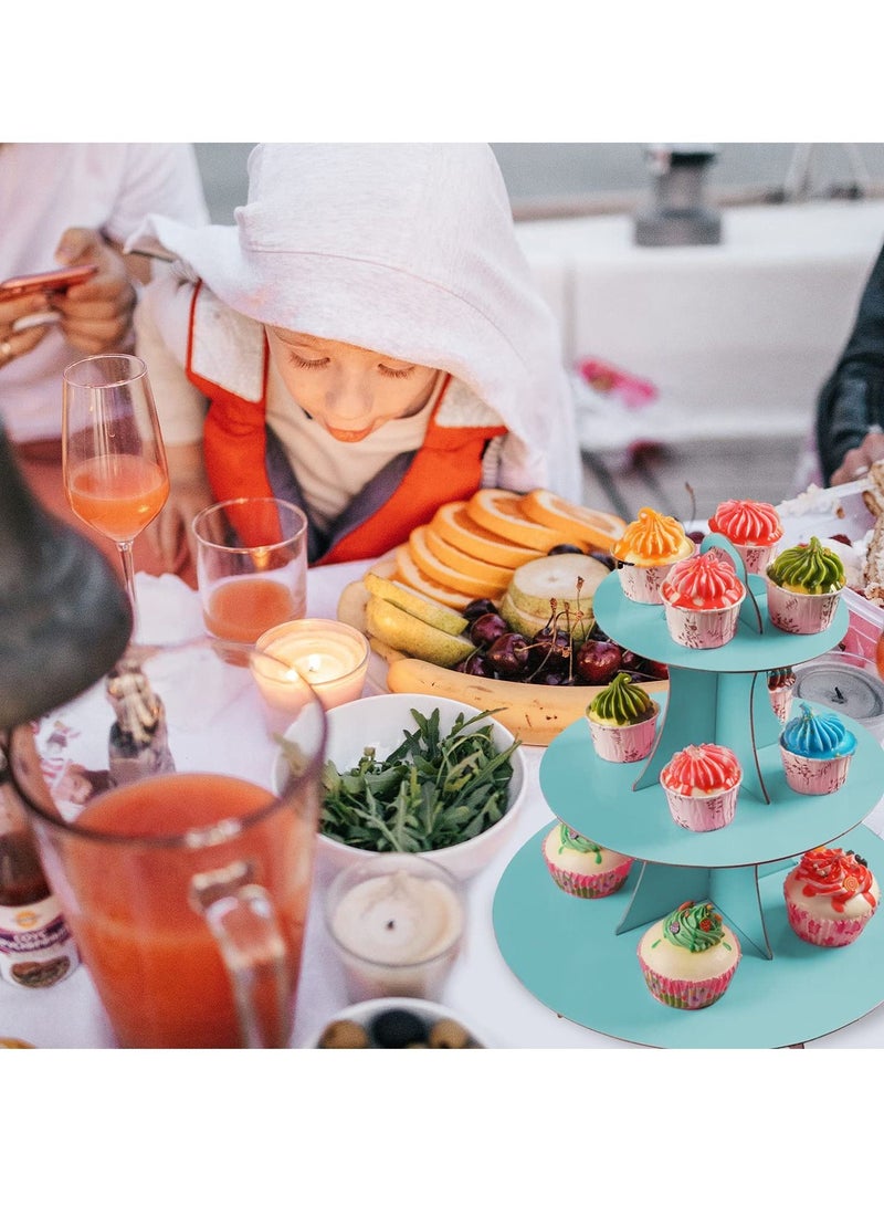Cupcake Stand, 2 Pack 3-Tier Round Cardboard Dessert Plates Cake Fruit Base Holder Candy Display Tower Tray Pastry Serving Platter for Birthday, Wedding, Afternoon Tea(Blue)