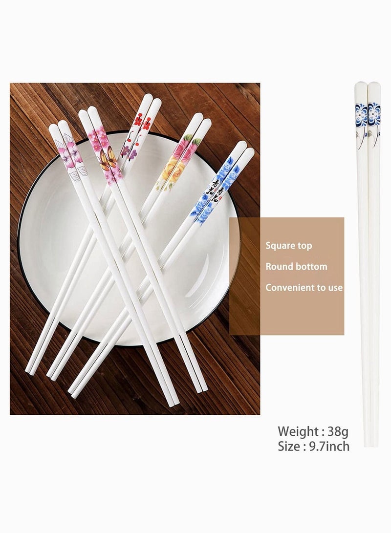 Ceramic Chopsticks Set of 5, Porcelain Chopsticks, Cute Chinese Easy to Clean, Great Replacement Plastic/Wooden Reusable Dishwasher Safe, 9.7Inch