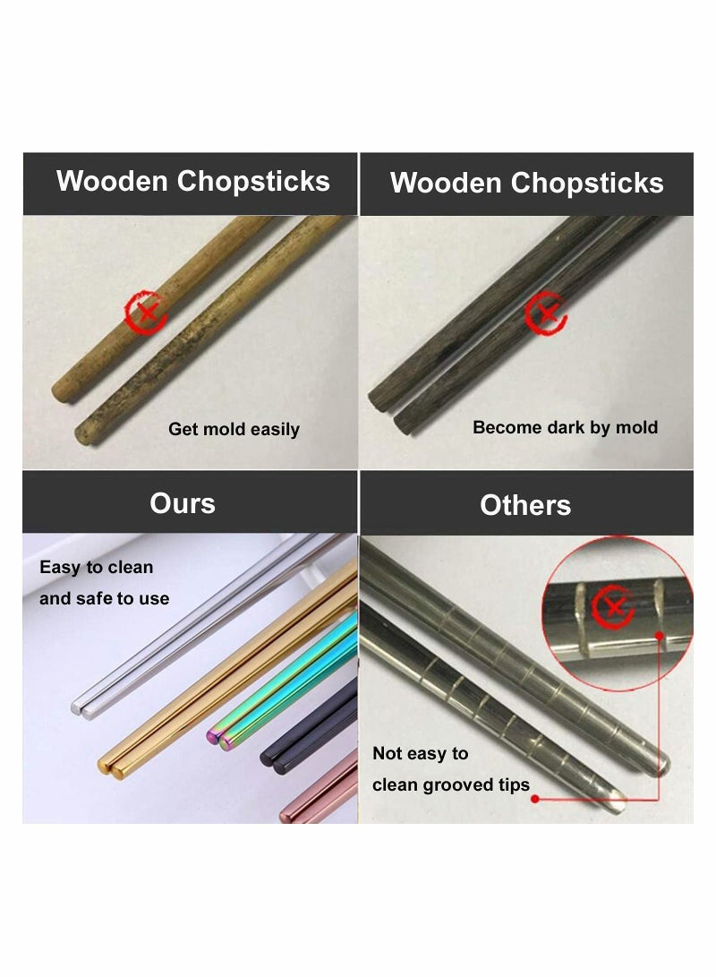 Chopsticks Stainless Steel Gold Reusable 5 Pairs Dishwasher Safe Metal Lightweight Easy to Use Square Chop Sticks Gift Set