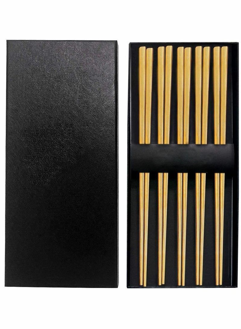 Chopsticks Stainless Steel Gold Reusable 5 Pairs Dishwasher Safe Metal Lightweight Easy to Use Square Chop Sticks Gift Set