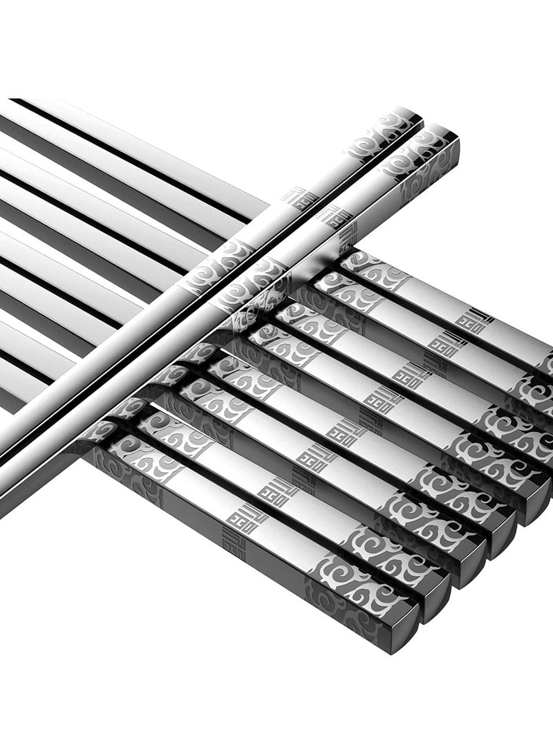 Metal Chopsticks Sets, 5 Pairs Reusable Stainless Steel Square Non-slip Lightweight Dishwasher Chop Sticks Gift Set(Silver)