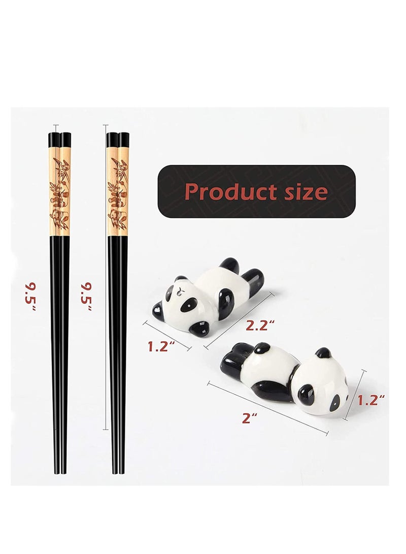 Chopsticks and Panda Holder,2 Pairs Reusable with Delicate box, Washable Dishwasher Safe, Natural Wooden Chinese Japanese Korean Classic Stylish Easy To Use Non-Slip