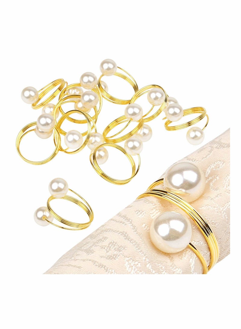 Set of 12 Gold Pearl Napkin Rings, Upgrade Sturdy Metal Rings Holder Design Ring for Wedding Dinning Table Decoration Setting