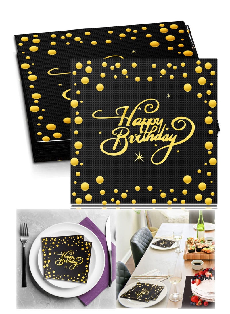 Happy Birthday Napkins Foiled Napkins, 60 Pcs Metallic Party Glitter Celebration Serviettes Cocktail for Anniversary Dinner Decoration