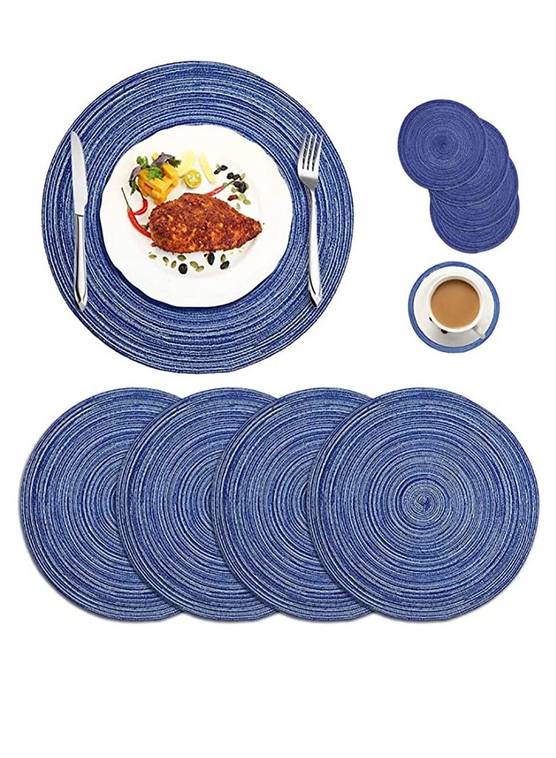 Round Braided Placemats Set of 4, Woven Heat Resistant Washable Kitchen Table Mats with 4 Coasters for Dining Home Wedding Outdoor Party