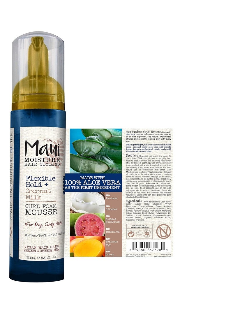 Maui Moisture Flexible Hold + Coconut Milk Curl Foam Mousse, for Curly Hair Styling, No Drying Alcohols, Parabens or Silicone, 8.5oz