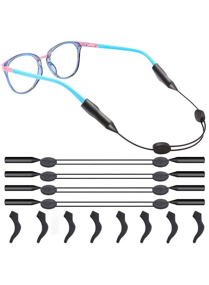 Adjustable Glasses Strap, Universal Fit Sports Sunglasses Retainer, Upgrade No Tail Anti-Slip Eyeglass Comes With Ear Hook-4Pairs, Men, Women, Children (4Pcs Elegant Black)