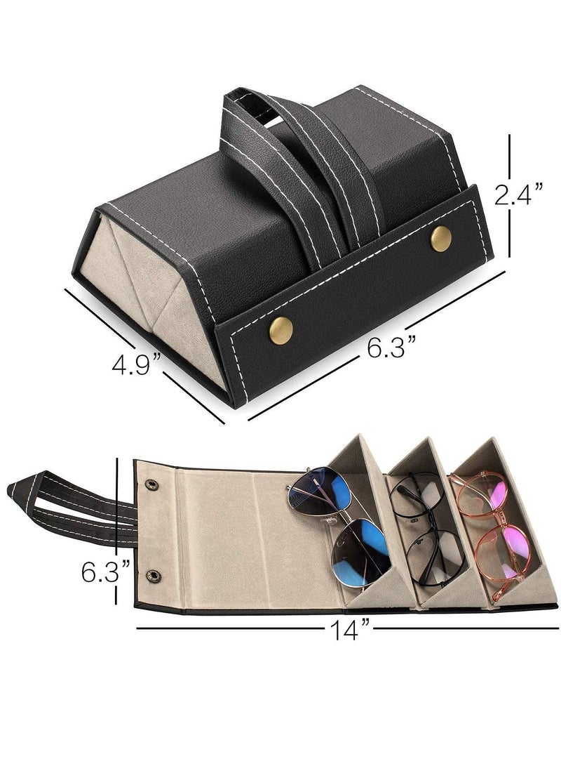Travel Sunglasses Organizer, Foldable PU Leather Multi Glasses 3 Slot Display Container Portable Storage Bag Ladies Men Hanging Holder (Black)