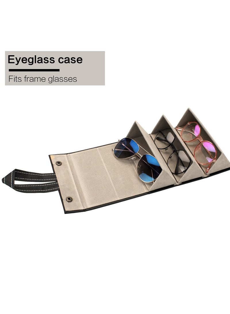Travel Sunglasses Organizer, Foldable PU Leather Multi Glasses 3 Slot Display Container Portable Storage Bag Ladies Men Hanging Holder (Black)