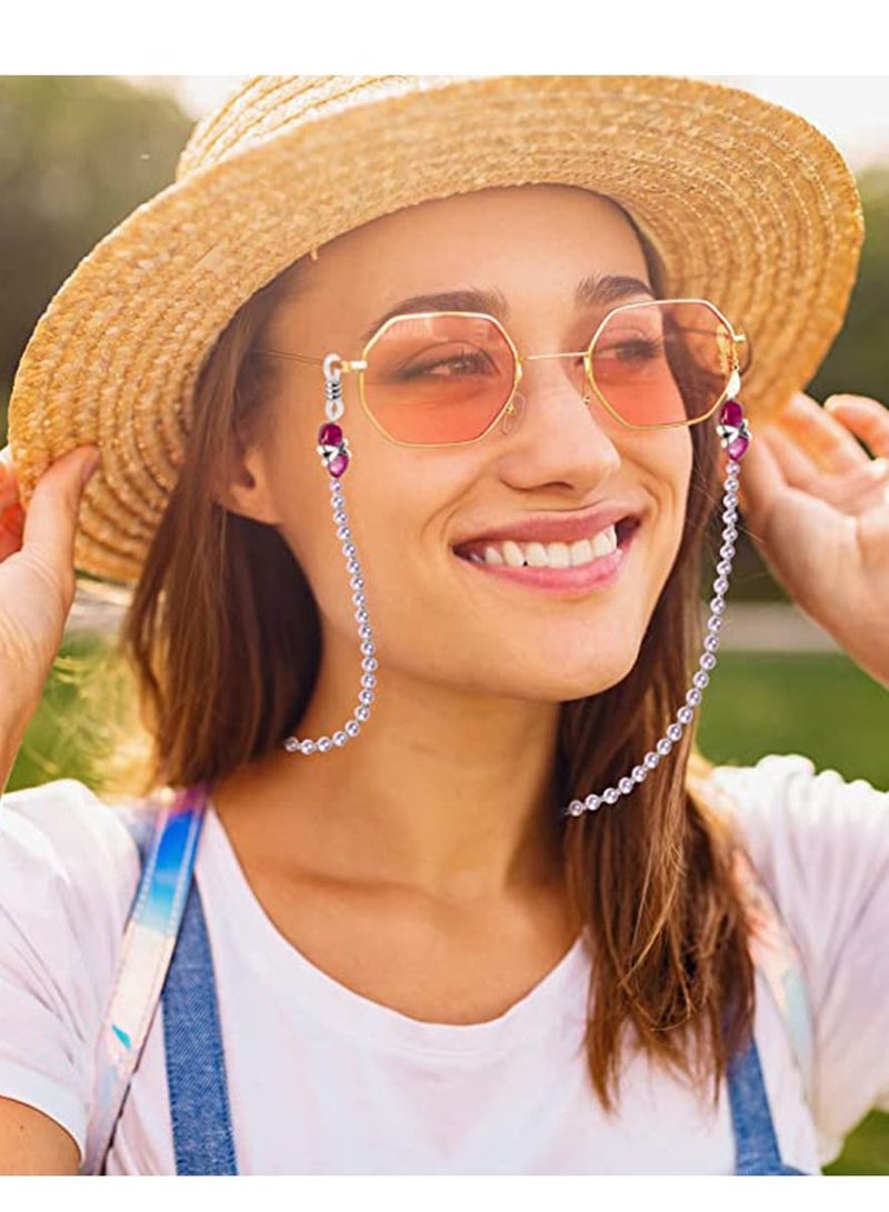 Sunglasses Chain Pearl Eyeglass Mask Holder Hook and Loop Closure Anti-Lost Elegant Reading Glasses Myopic Scope Eyewear Lanyards for Women Girls 2PCS
