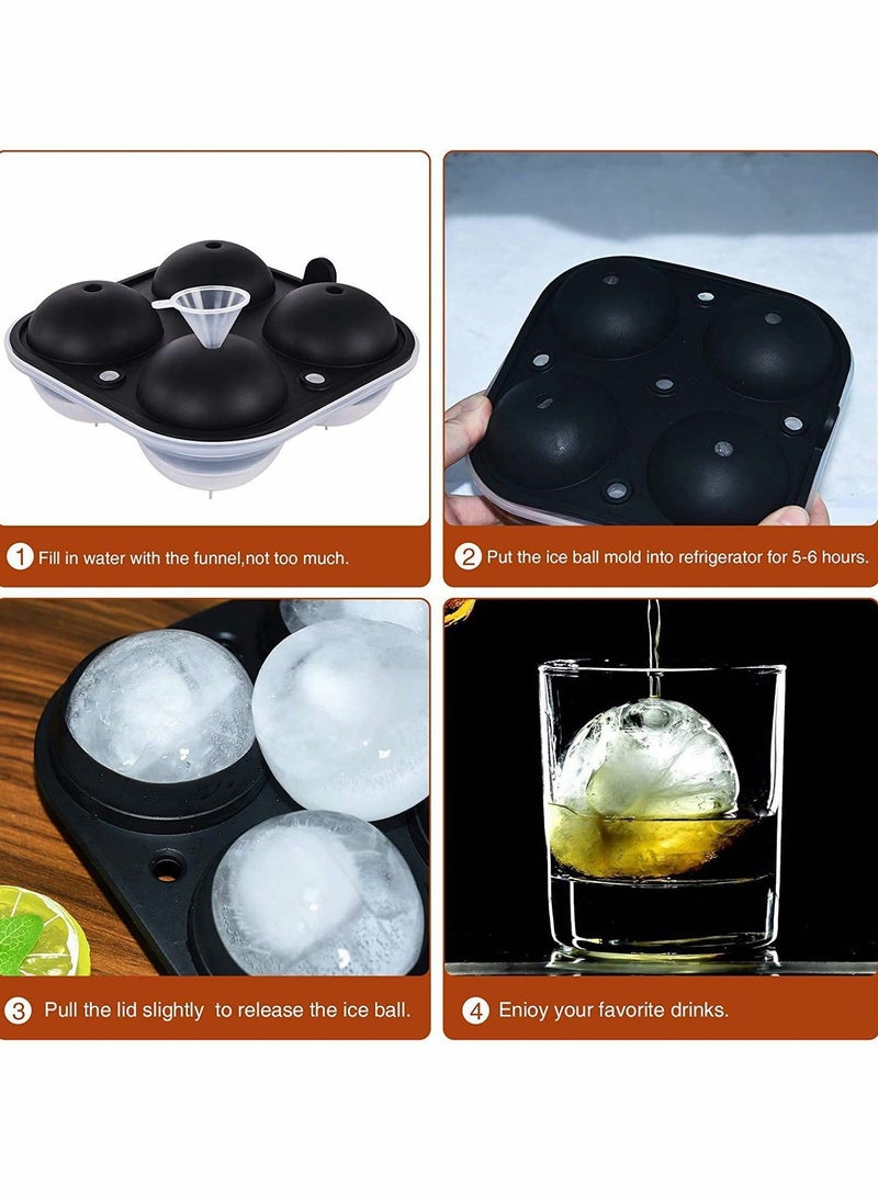 Ice Cube Trays, Tray Silicone Set of 2 with Funnel, Sphere Ball Maker and Large Square Molds for Milk Tea, Coke Popsicle Reusable BPA Free