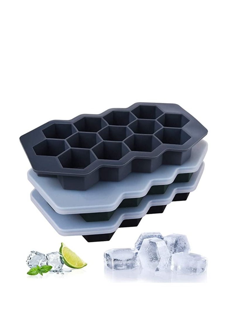 3 Pack Silicone Ice Cube Trays, Molds with Sealed Lids, Flexible Hexagonal 39-ice Easy-release, Reusable, BPA Free for Chilled Drinks, Juice, Food, No Side Leakage