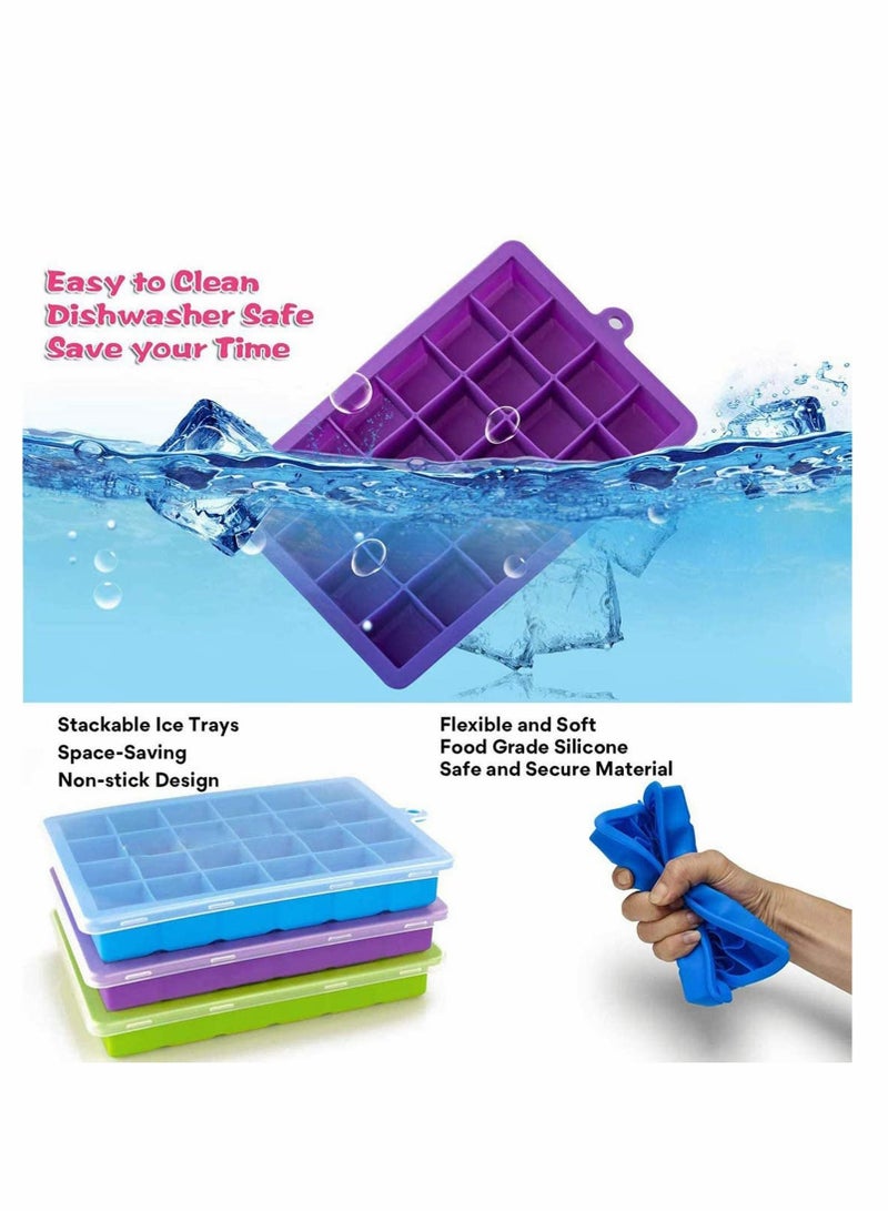 Ice Cube Trays, Easy-Release Silicone & Flexible 24-Ice Trays with Spill-Resistant Removable Lid, BPA Free, for Freezer, Stackable Covers and Dishwasher Safe 2Pcs