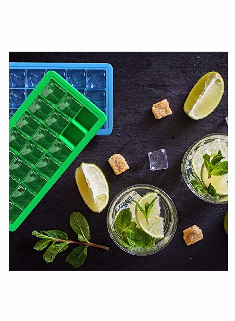 Silicone Ice Cube Trays with Plastic Lids - Set of 2 42 Small Square Cubes Covered Easy Pop Push Release Rubber Mold for Cocktails Dog Treats Water Bottles Blue Green