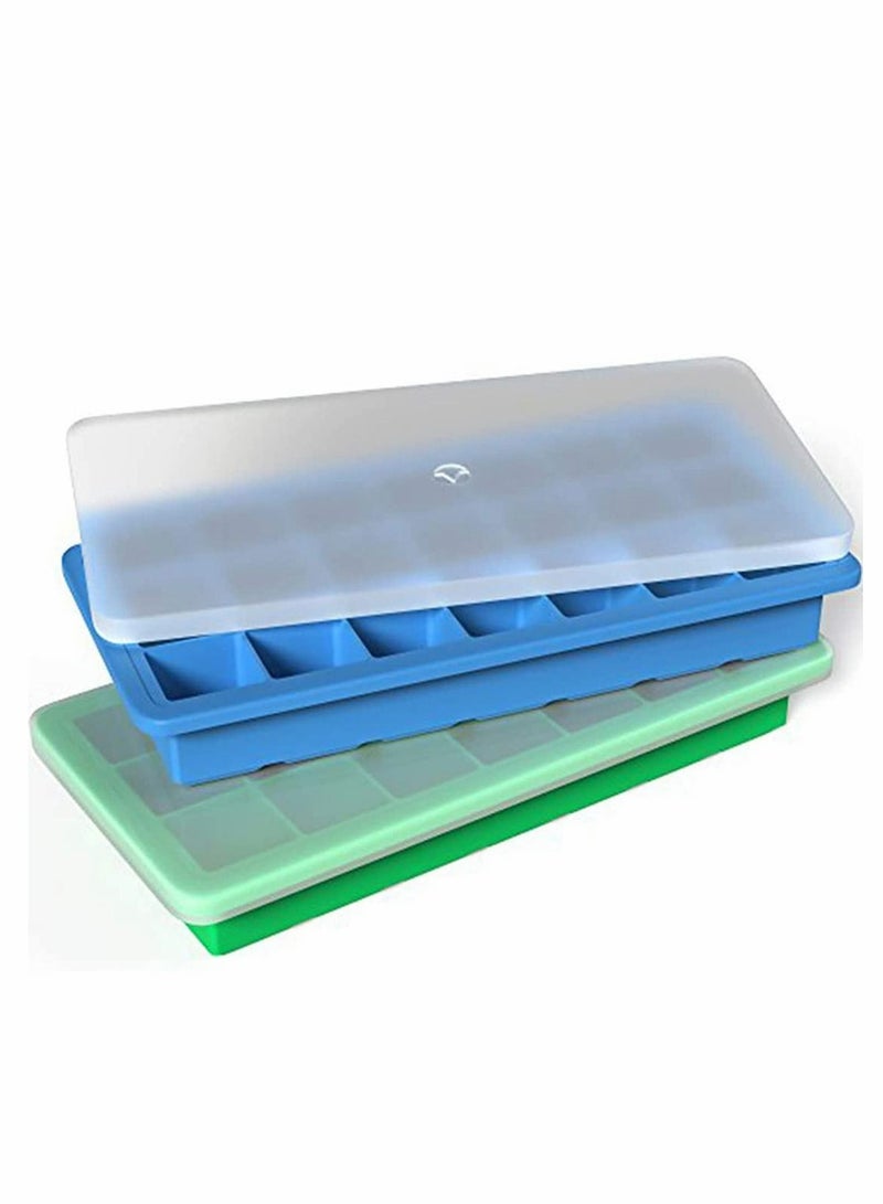 Silicone Ice Cube Trays with Plastic Lids - Set of 2 42 Small Square Cubes Covered Easy Pop Push Release Rubber Mold for Cocktails Dog Treats Water Bottles Blue Green