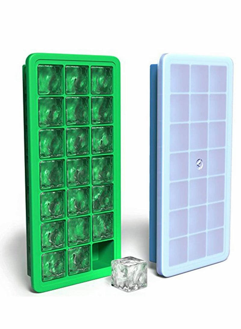 Silicone Ice Cube Trays with Plastic Lids - Set of 2 42 Small Square Cubes Covered Easy Pop Push Release Rubber Mold for Cocktails Dog Treats Water Bottles Blue Green