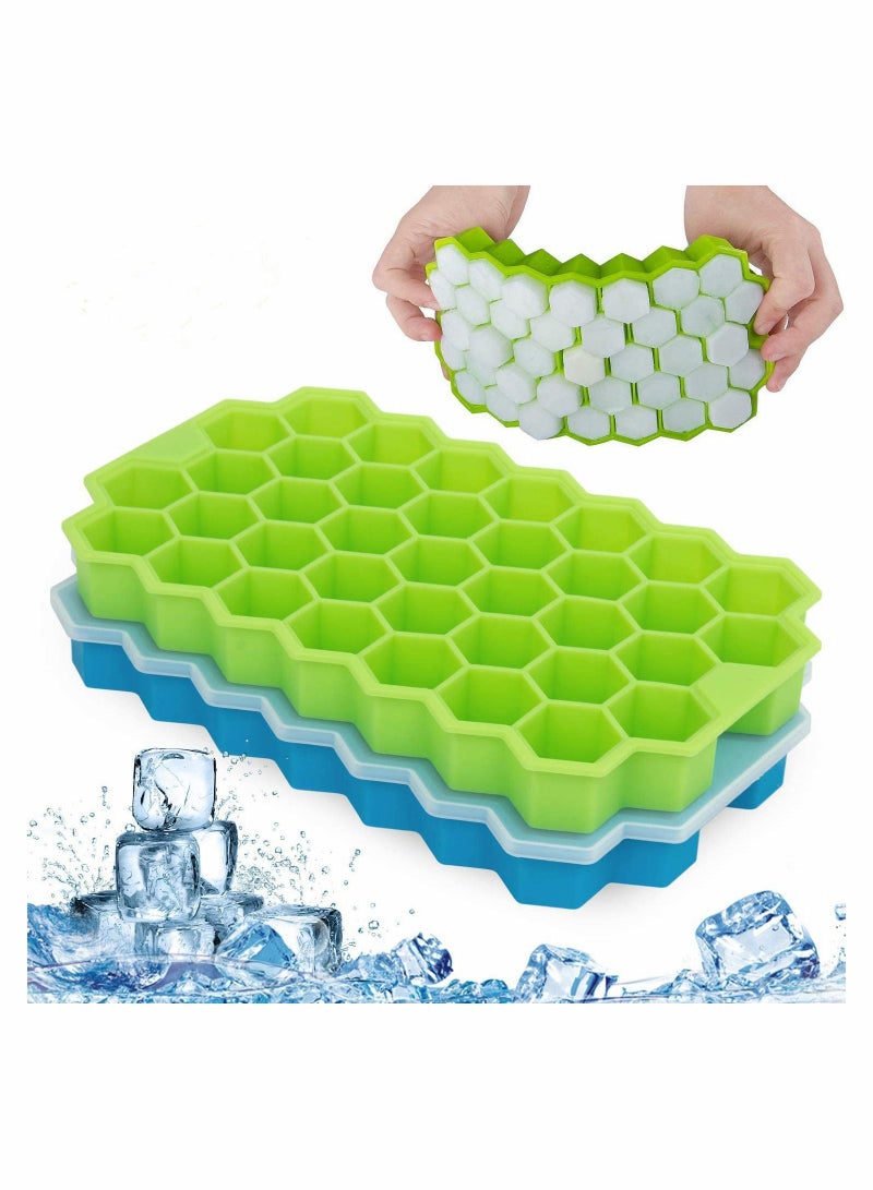 Ice Cube Tray Silicone Trays with No-Spill Removable Lid, Easy-Release and Flexible, BPA Free, Stackable Durable Dishwasher Safe, for Whiskey- Green Blue, 2 Pack