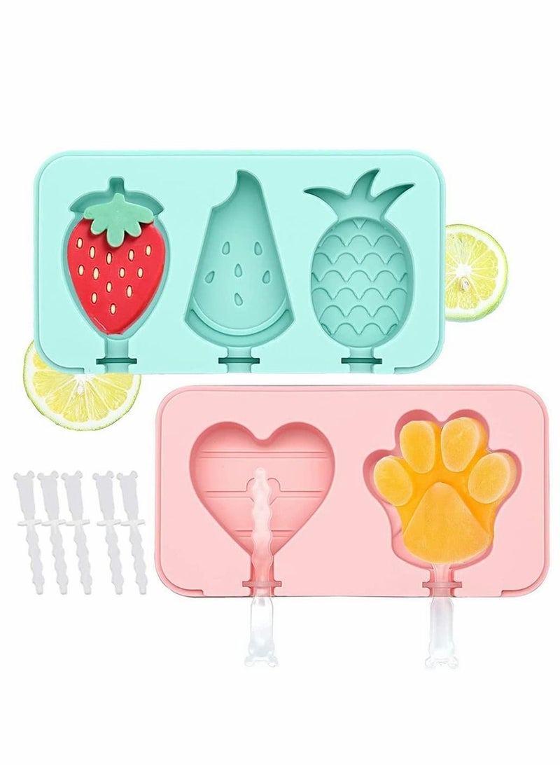 2 Pack Silicone Popsicle Molds, Reusable Easy Release Food Grade Maker Pop Molds with Lid and 5 Plastic Sticks for DIY Homemade Ice Cream (Pink + Blue)