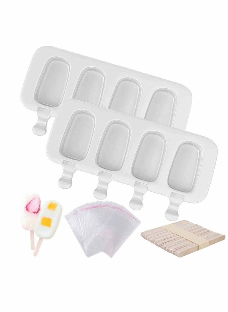 Popsicles Molds, 4 Cavities, Homemade Oval Cakesicle Molds Silicone Popsicle Ice Pop Come with 50 Wooden Sticks & Bags 2 Pack