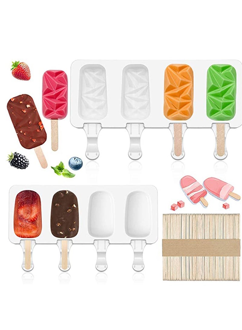 Ice Pop Molds Set with 50 Wooden Sticks, Popsicle Cavities Large Diamond Shaped Silicone , Homemade Maker Cream Mold Oval Cakesicle or DIY Cream,