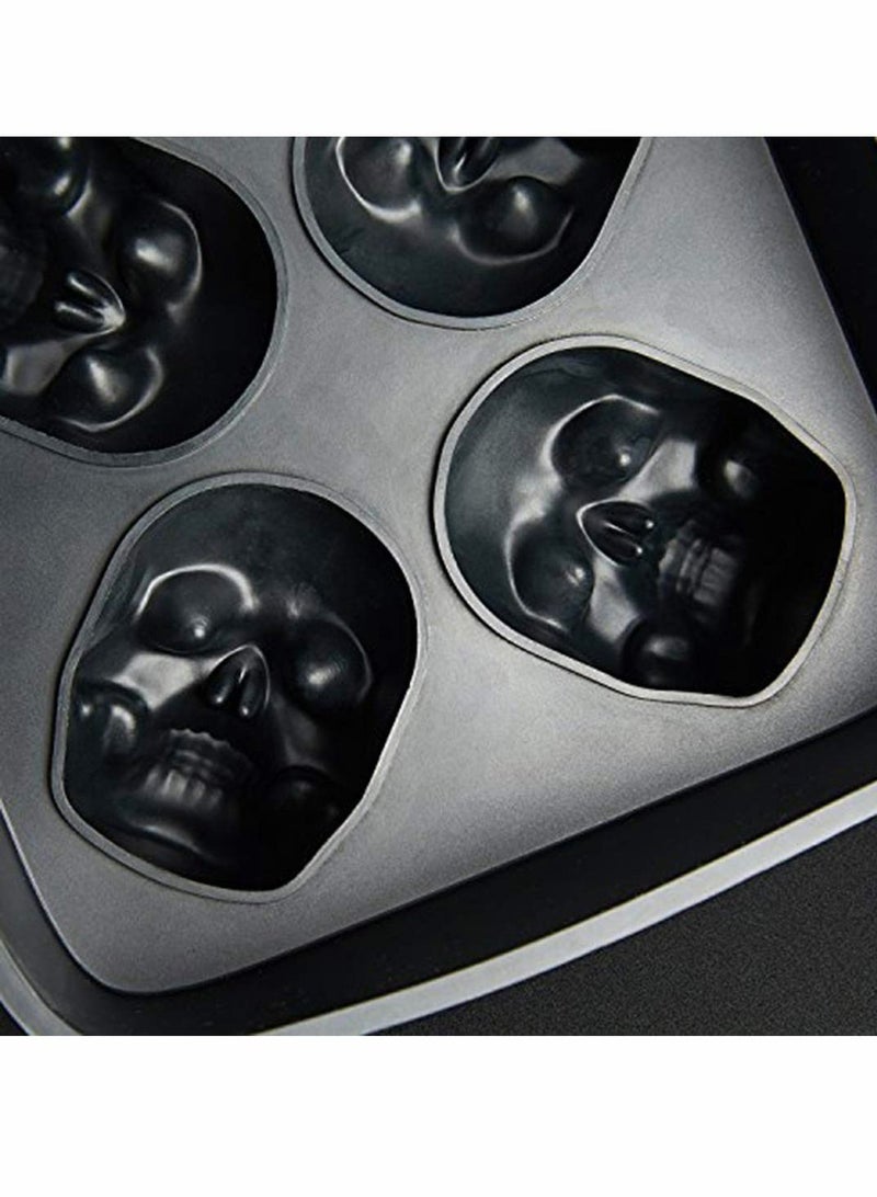 3D Skull Flexible Silicone Ice Cube Mold Tray, Makes Four Giant Skulls, Round Maker, Black- Pack of 1