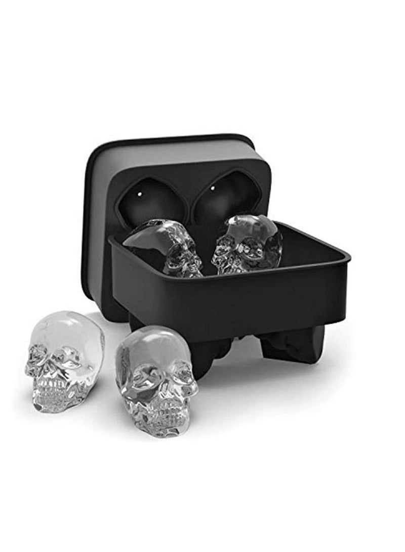 3D Skull Flexible Silicone Ice Cube Mold Tray, Makes Four Giant Skulls, Round Maker, Black- Pack of 1