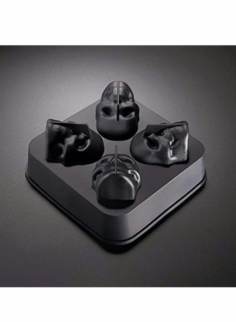 3D Skull Flexible Silicone Ice Cube Mold Tray, Makes Four Giant Skulls, Round Maker, Black- Pack of 1