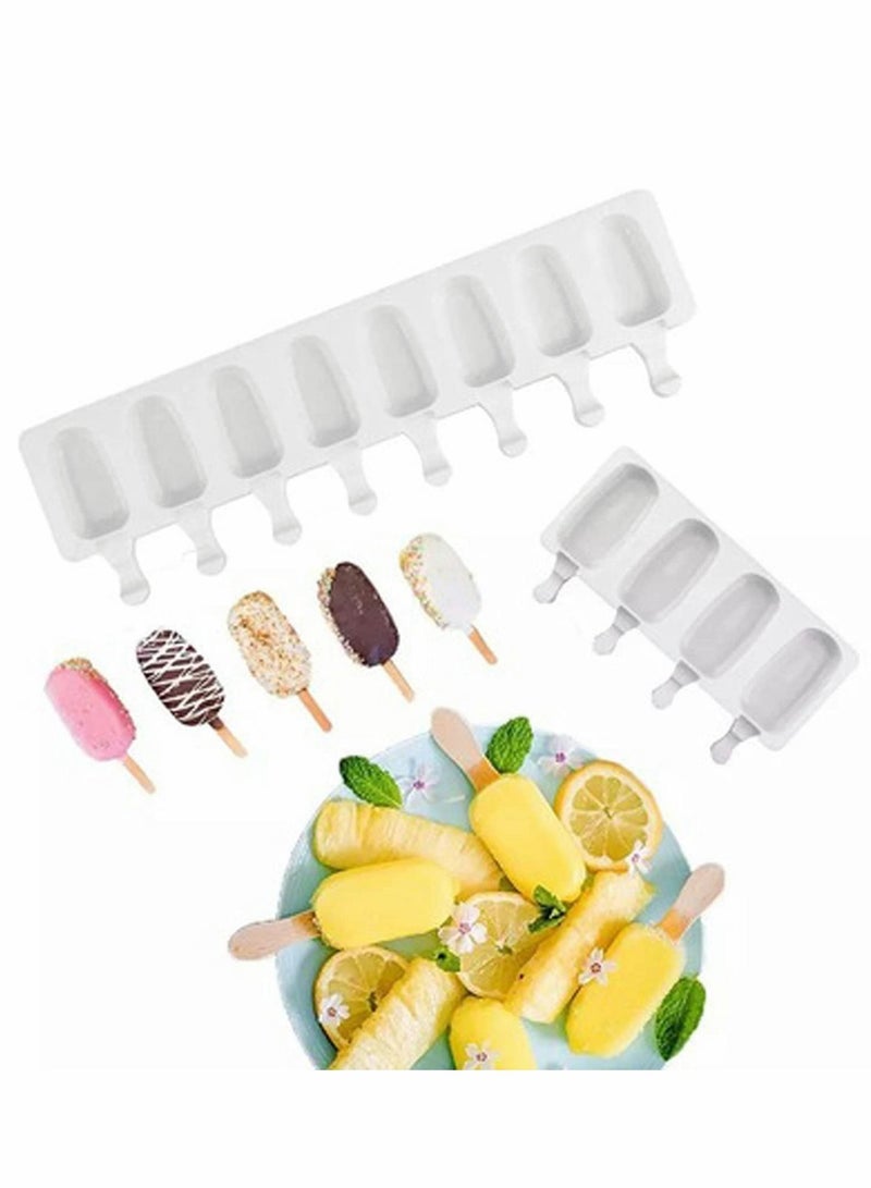 Lakobos Pieces Popsicle Molds Set, 8 Cavities Silicone with 50 Wooden Sticks for DIY Ice Pop Cream Mold Oval Cake (White)