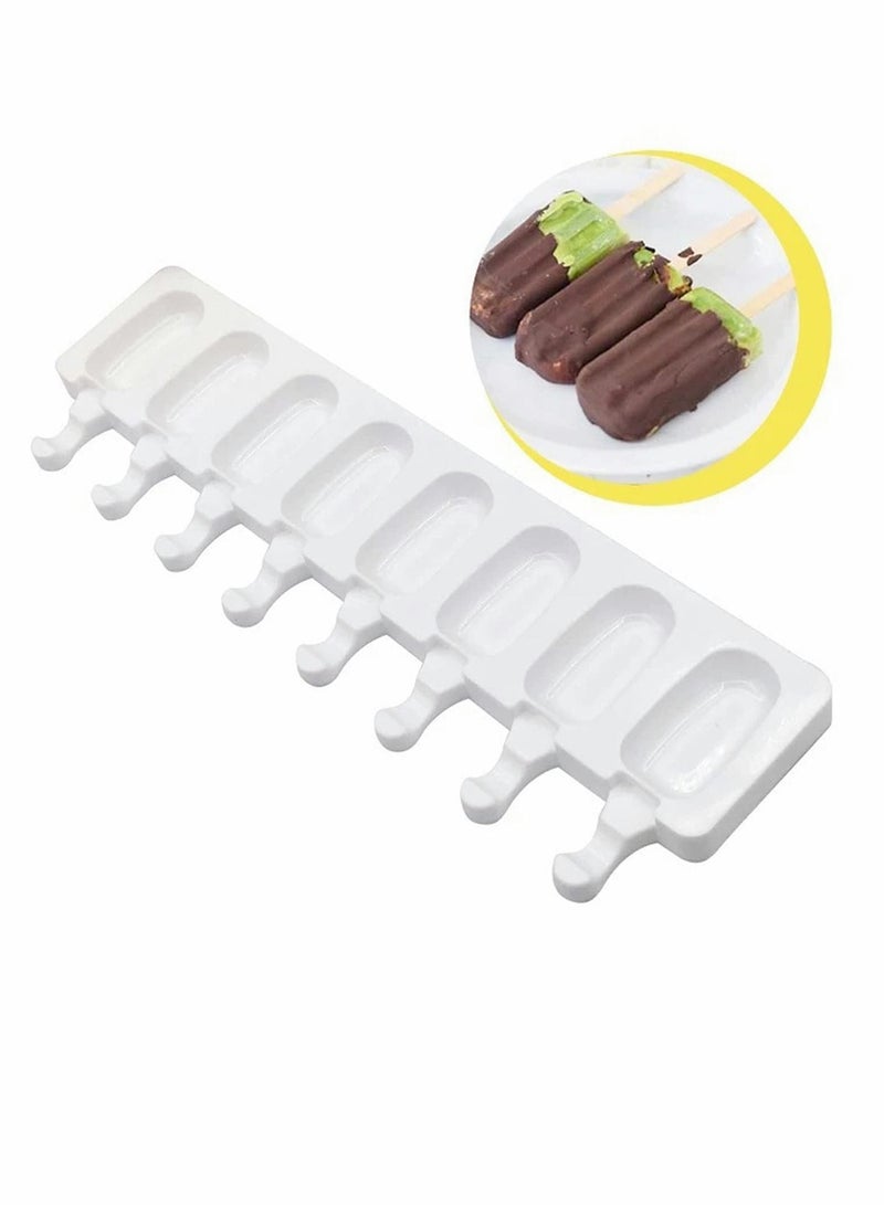 Lakobos Pieces Popsicle Molds Set, 8 Cavities Silicone with 50 Wooden Sticks for DIY Ice Pop Cream Mold Oval Cake (White)