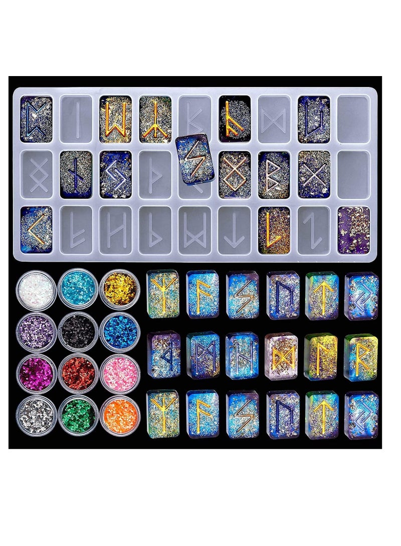 Rune Resin Mold, Symbol Letter Silicone DIY Word Molds, Crystal Epoxy Charm Mold with Sequins 12 Colors for Personalized Pendant Crafts Making Supplies