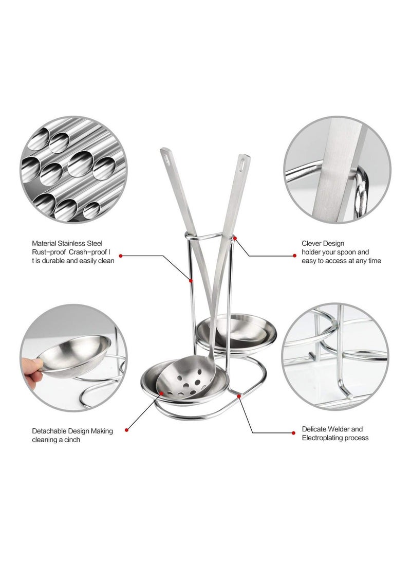 Standing Spoon Rest with Double Trays Stainless Steel Upright Holder Ladles Utensil Stand for Stovetop Counter Organization