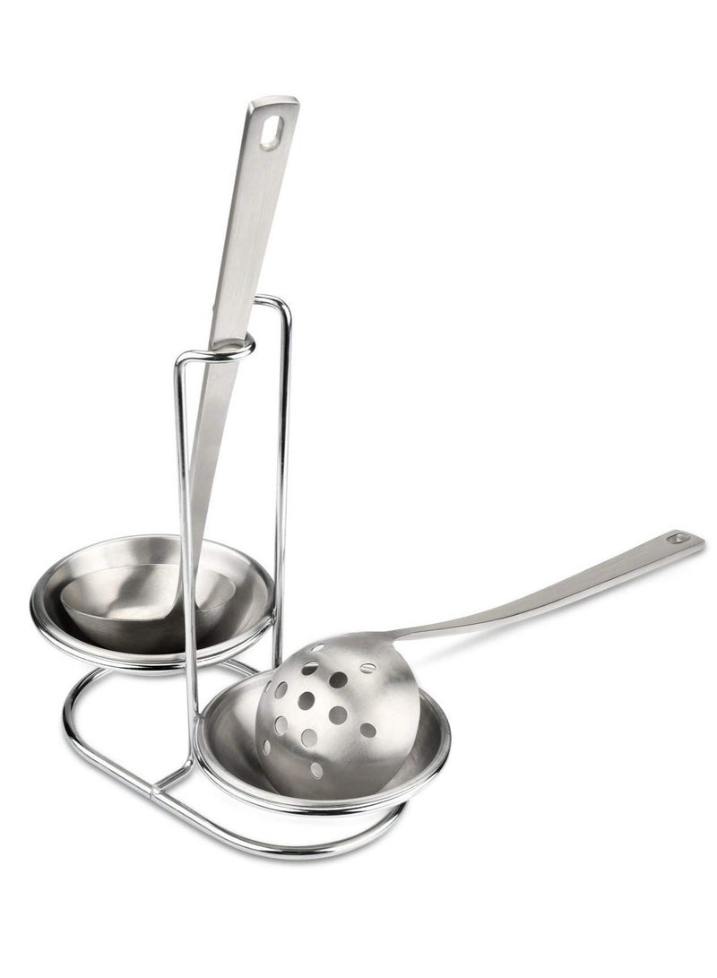 Standing Spoon Rest with Double Trays Stainless Steel Upright Holder Ladles Utensil Stand for Stovetop Counter Organization