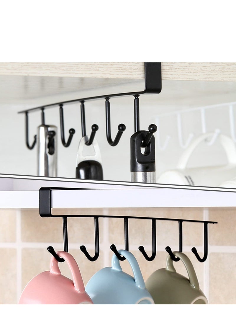 Cup Holder Under Cabinet, Metal Mug Hooks Coffee Holder, 2 Pack Towel Kitchen Cupboard Modern Storage Display Rack for Coffee, Black