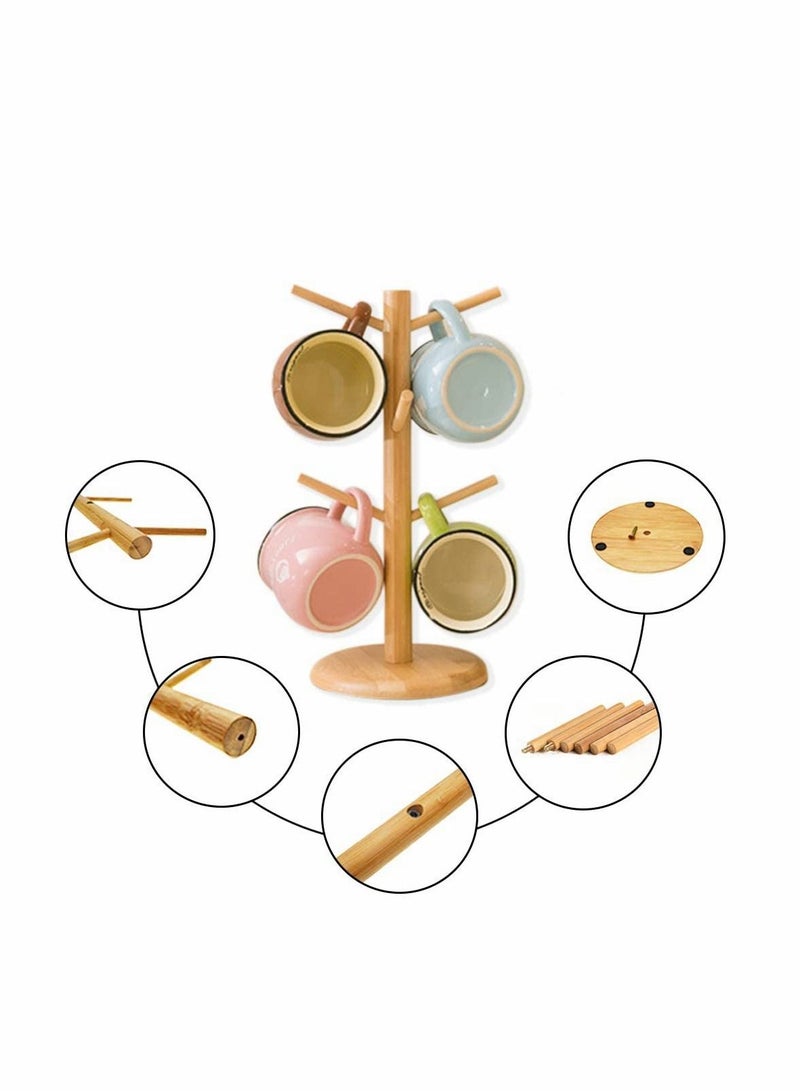 Bamboo Mug Rack Tree Coffee Tea Cup Organizer Hanger Holder with 6 Hooks Removable Stand