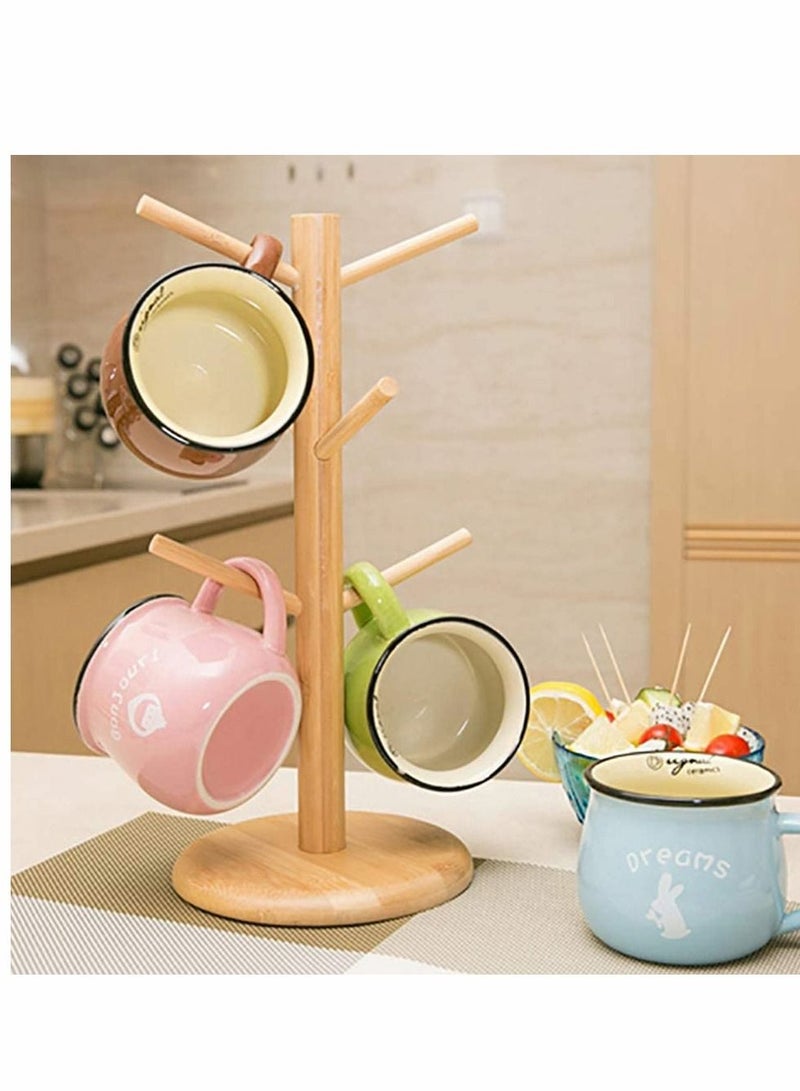 Bamboo Mug Rack Tree Coffee Tea Cup Organizer Hanger Holder with 6 Hooks Removable Stand