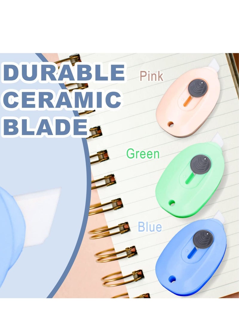 Mini Ceramic Box Cutter, 3pcs Safety Package Box Opener, Retractable Utility Knife Ceramic Blades with Keychain Hole (Pink Green Blue)