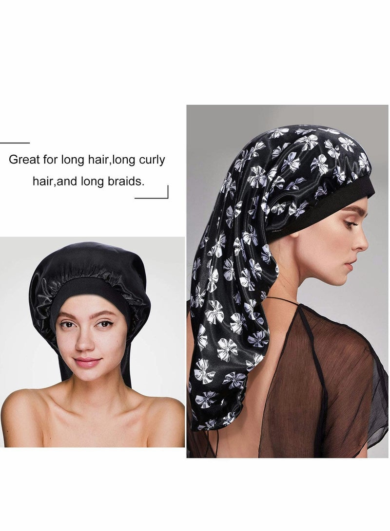3 Pack Long Satin Bonnet Sleep Cap, Soft Elastic Band Loose Cap Bonnets for Long Hair, Braids, Dreadlocks, Curly Hair