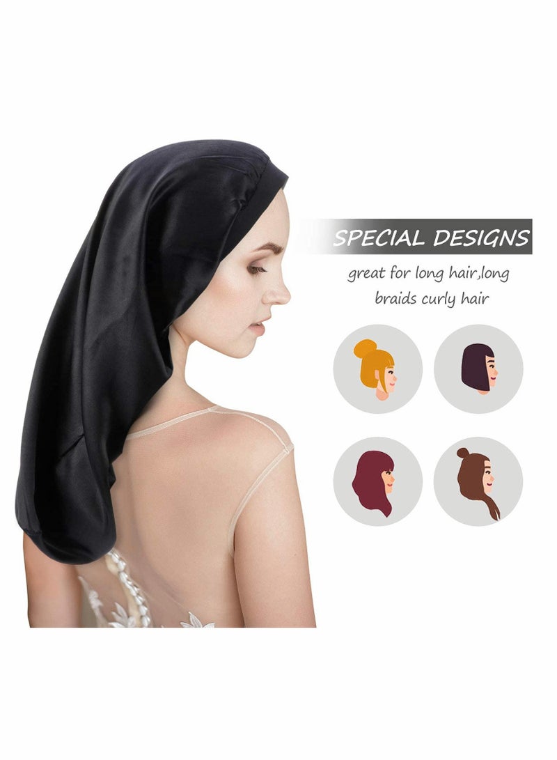 3 Pack Long Satin Bonnet Sleep Cap, Soft Elastic Band Loose Cap Bonnets for Long Hair, Braids, Dreadlocks, Curly Hair