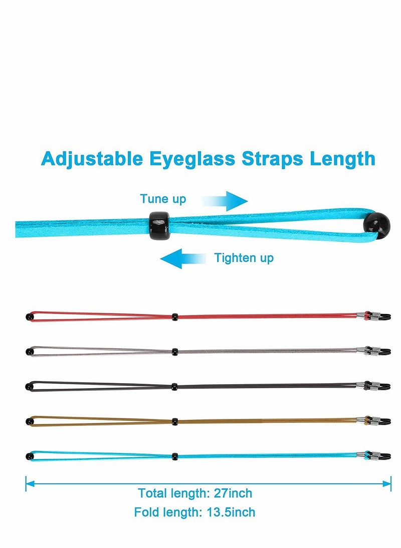 Leather Eyeglass Straps, Adjustable Eyewear Retainers, Non-slip Eyeglass Chains Lanyard, Sport Sunglass Retainer Holder Strap for Men Women Kids(5PCS)
