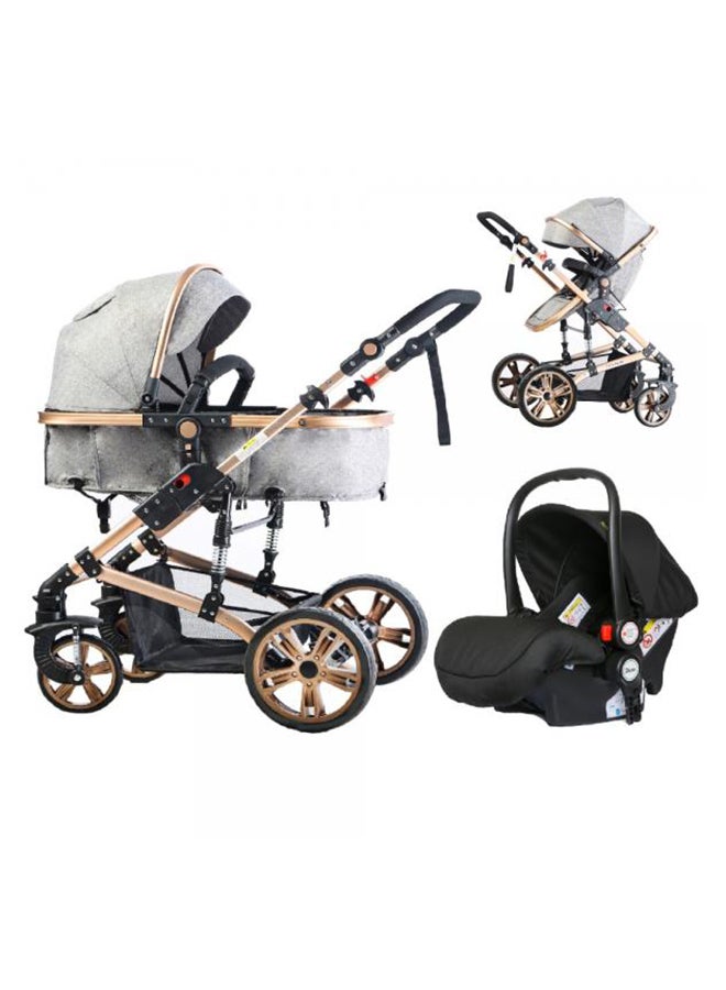 3 In1 Pram Stroller, Sleeping Bassinet And Extra Wide Seat With Wide Canopy For Baby Grey