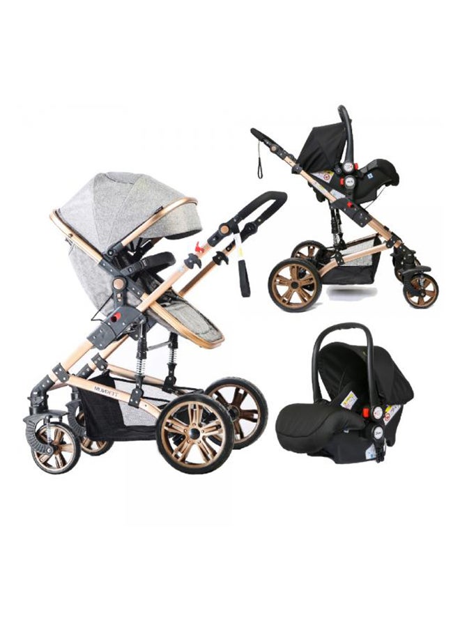 3 In1 Pram Stroller, Sleeping Bassinet And Extra Wide Seat With Wide Canopy For Baby Grey