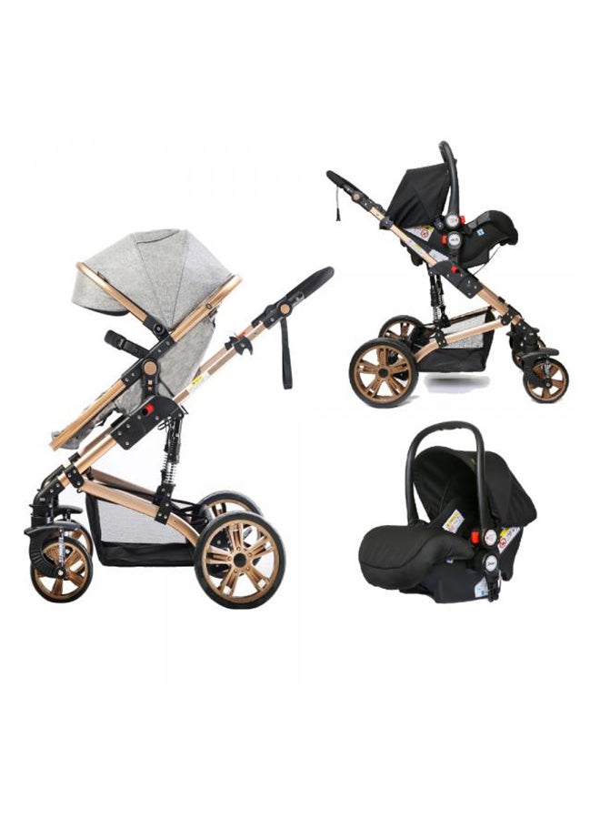 3 In1 Pram Stroller, Sleeping Bassinet And Extra Wide Seat With Wide Canopy For Baby Grey