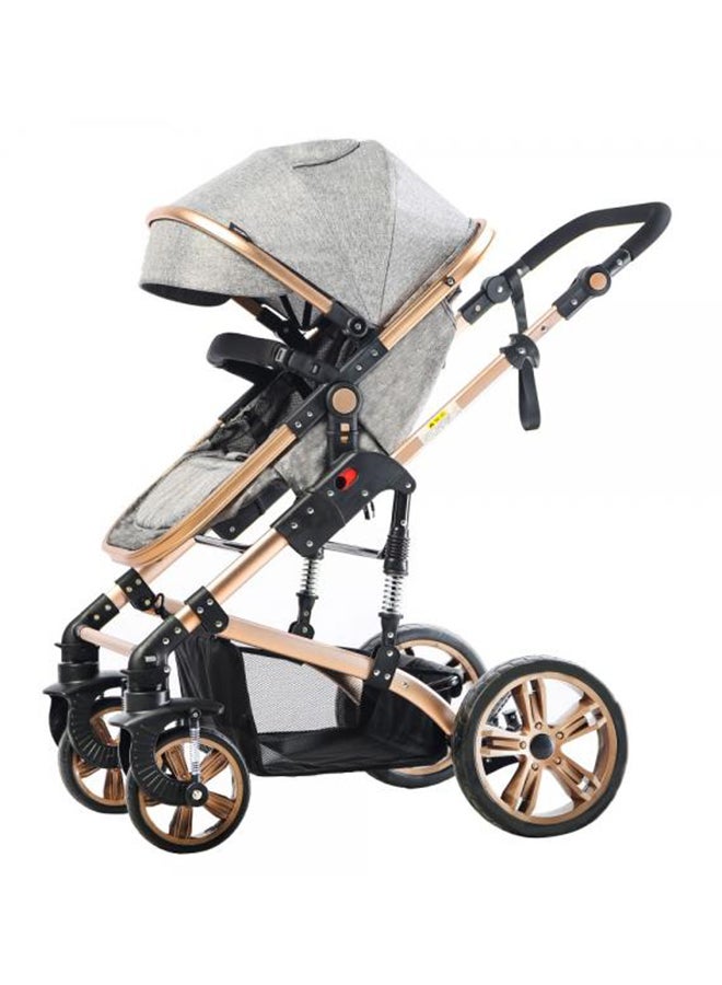 3 In1 Pram Stroller, Sleeping Bassinet And Extra Wide Seat With Wide Canopy For Baby Grey