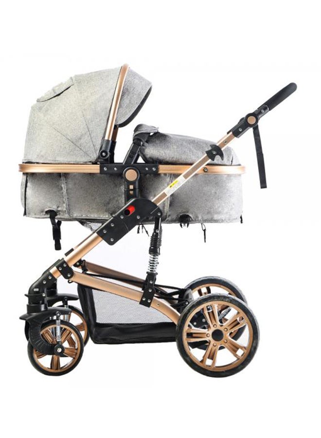 3 In1 Pram Stroller, Sleeping Bassinet And Extra Wide Seat With Wide Canopy For Baby Grey