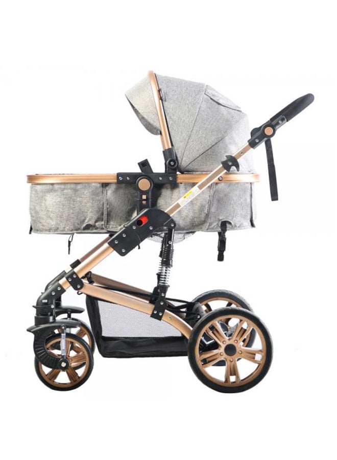 3 In1 Pram Stroller, Sleeping Bassinet And Extra Wide Seat With Wide Canopy For Baby Grey