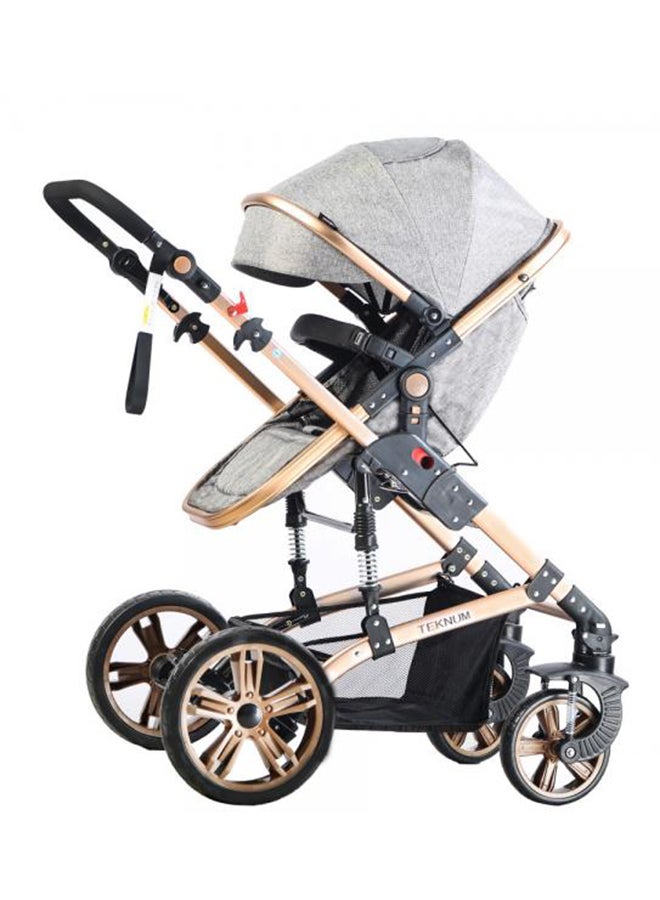 3 In1 Pram Stroller, Sleeping Bassinet And Extra Wide Seat With Wide Canopy For Baby Grey